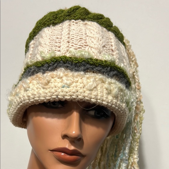 Handcrafted Cream and Green Knit Hat main image 9